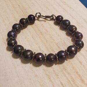 Vintage Handcrafted Sterling Silver & 6mm Tahitian Black Pearl 7-inch Bracelet